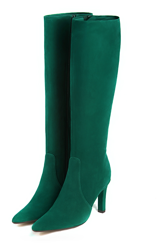 Emerald green women's feminine knee-high boots. Tapered toe. High slim heel. Made to measure - Florence KOOIJMAN